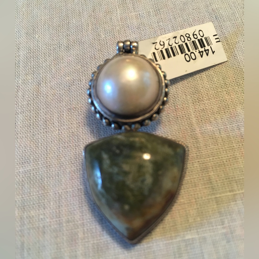 Sterling Silver Slide Pendant Mabe Pearl And Jasper 2” Tall